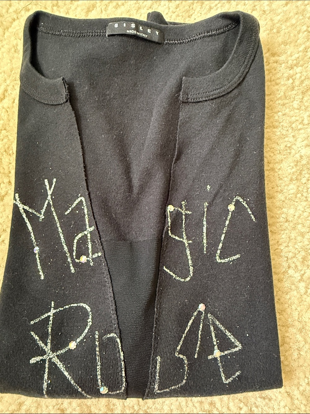 Sisley !!! Women Black with Glitter 'Magic Rose' size M 100% cotton